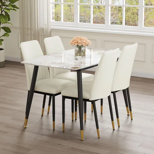 Vista 8 de Juego de 5 mesas de comedor modernas de piedra sinterizada de 50 pulgadas, mesa de cocina rectangular de mármol sintético con 4 sillas de piel