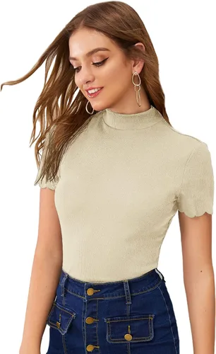 Vista 5 de SweatyRocks - Camiseta de manga corta con cuello alto, canalé y bordes envoltorio para mujer Beige