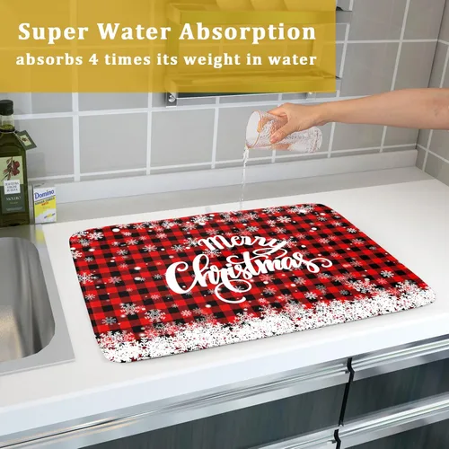 Vista 7 de Tapete de secado de platos de Navidad para encimera de cocina, de 18 x 24 pulgadas, tapete de secado reversible de microfibra con copos de nieve