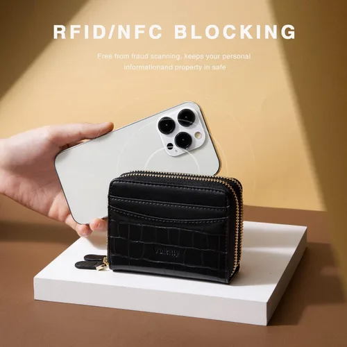 Vista 5 de Vulkitty Cartera elegante de piel con bloqueo RFID para mujer, cartera delgada con capacidad para hasta 14 tarjetas y dinero en efectivo, Negro