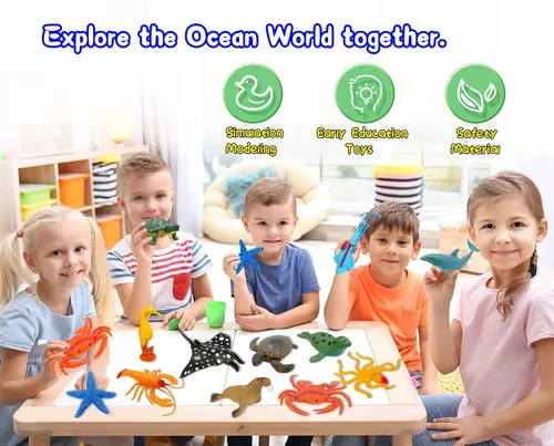 Vista 2 de Figuras de animales marinos del océano, paquete de 12 juguetes de baño de plástico suave realistas para niños pequeños, niños y niñas