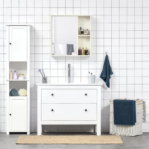 Vista 6 de kleankin Botiquín de baño de 24.75 x 25.5 pulgadas con espejo, estante de almacenamiento, armario de baño montado en la pared para sala de estar