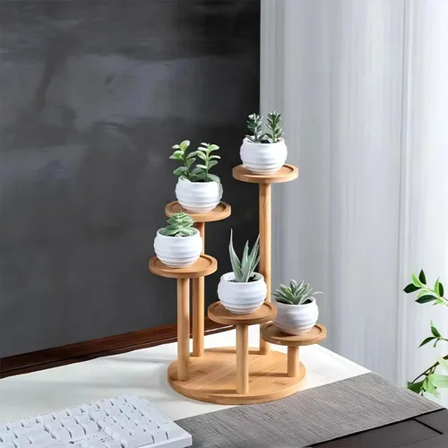 Vista 4 de Soporte de escritorio de 5 niveles para plantas, estante redondo de bambú para plantas, soporte de mesa para suculentas y hierbas, soporte