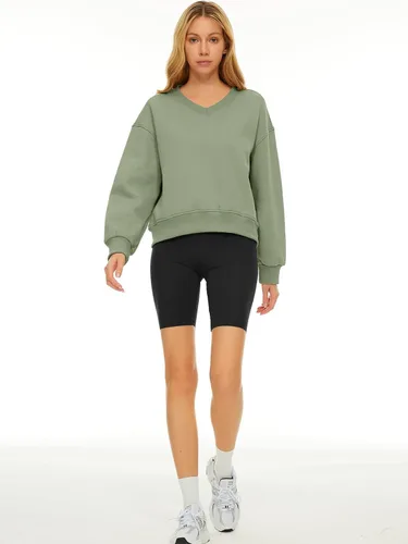 Vista 6 de AUTOMET Sudadera corta de manga larga para mujer, de forro polar, cuello en V