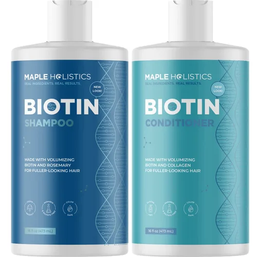 Vista 2 de Juego de 4 piezas de biotina – Champú, acondicionador, aceite y suero con cafeína, aceite de ricino negro, aceite esencial de romero y aminoácidos
