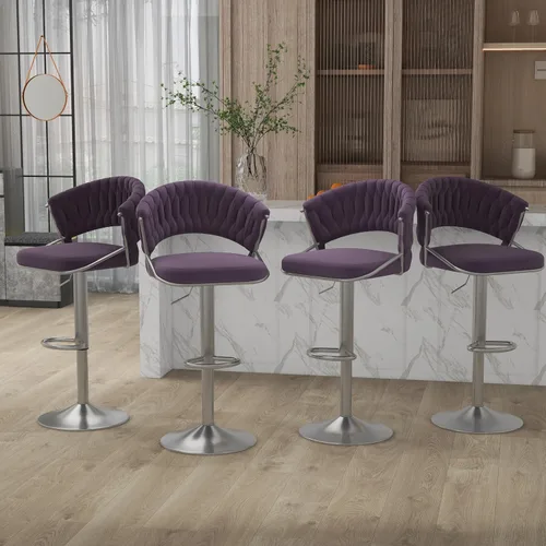 Vista 25 de Juego de 2 taburetes de bar giratorios de 360° con respaldo alto, silla de bar de terciopelo ajustable moderna de altura de mostrador, taburete