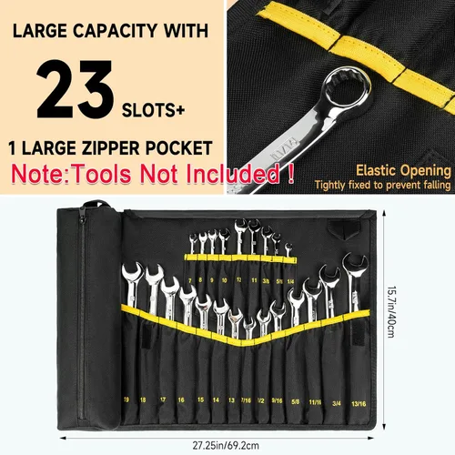 Vista 2 de Organizador de rollos de llaves, bolsa enrollable para llaves con 23+1 bolsillos, rollo de herramientas resistente para llaves métricas y SAE, bolsa