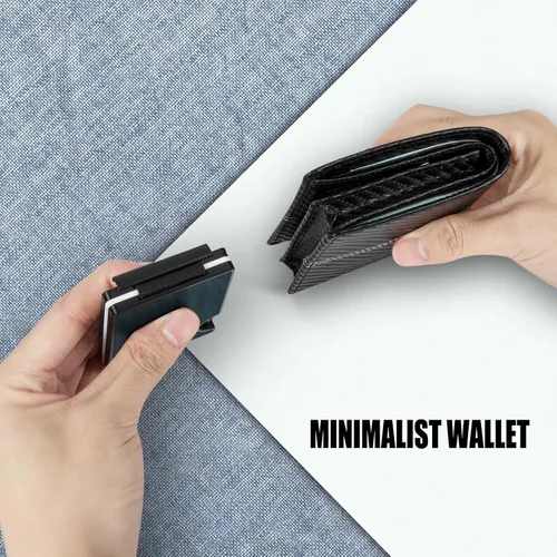 Vista 3 de Cartera táctica para hombre, cartera de metal delgada y minimalista de fibra de carbono, clip de dinero de acero inoxidable, bloqueo RFID, tarjetero