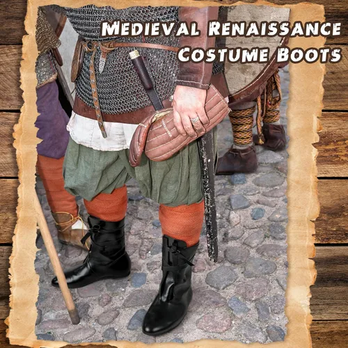 Vista 3 de Panitay Botas medievales de Halloween para hombre, zapatos renacentistas para festivales, botas de cuero vikingas, antideslizantes, zapatos atados