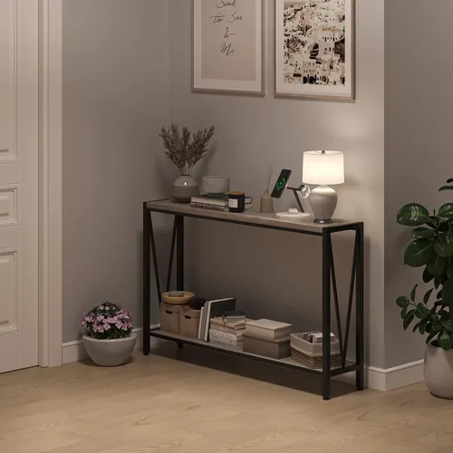 Vista 5 de IDEALHOUSE Mesa consola gris, mesa de entrada gris de 42.9 pulgadas con almacenamiento, mesa de sofá larga estrecha de 2 niveles de madera y metal