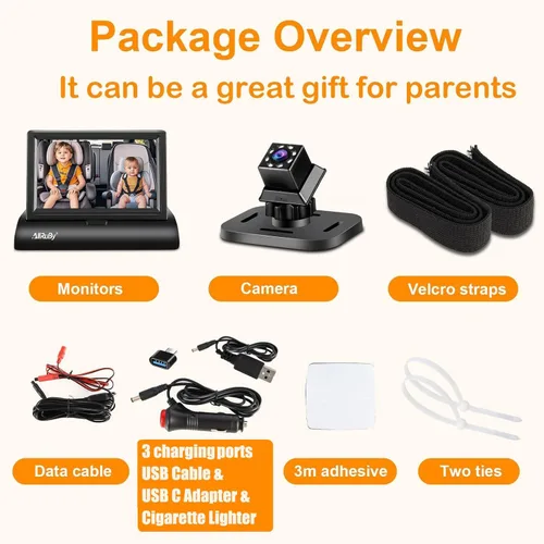 Vista 9 de Cámara de Monitoreo para Coche de Bebé AllRuby, Espejo de Coche para Bebé, para Puertos USB/USBC/Encendedor de Cigarrillos, Vista Amplia y Clara