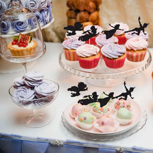 Vista 6 de Gyufise Paquete de 24 adornos para cupcakes con purpurina negra que nunca crecen para cupcakes en P Pan para baby shower Never Grow Up