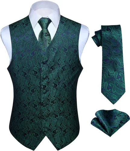 Vista 10 de HISDERN Conjunto de 3 piezas de chaleco formal para hombre, chaleco formal de cachemira floral jacquard corbata bolsillo cuadrado chalecos