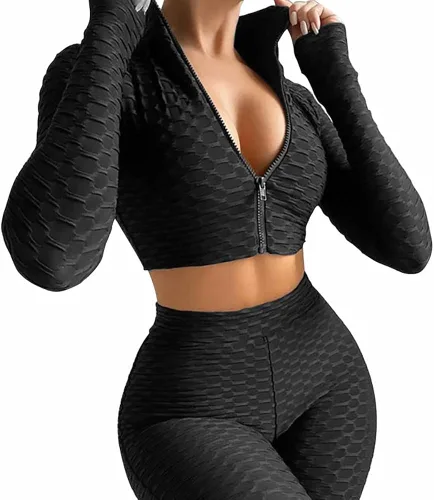 Vista 4 de Conjunto deportivo de 2 piezas para mujer, camiseta corta deportiva de manga larga y cintura alta para yoga
