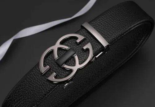 Vista 4 de Cinturón de cuero con diseño de hebilla automática de moda clásica para hombre
