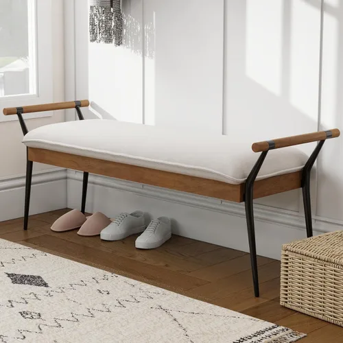 Vista 10 de DUOMAY Banco Otomano Rectangular Moderno con Brazos y Patas de Metal, Banco de Mesa de Comedor de PU de Mediados de Siglo, Reposapiés, Banco