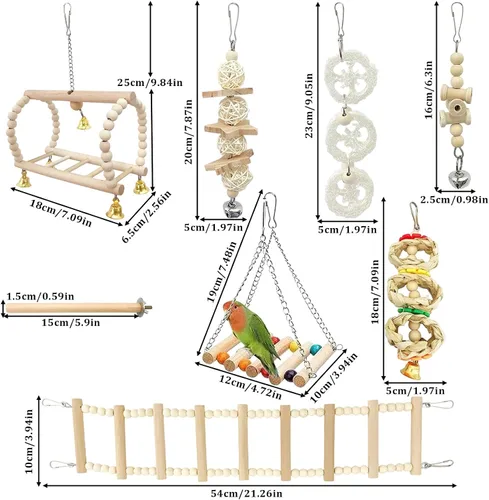 Vista 2 de Juego de juguetes de loros para pájaros, 8 unidades, madera natural, hamaca de perca con campana, accesorios de jaula para pájaros para periquitos