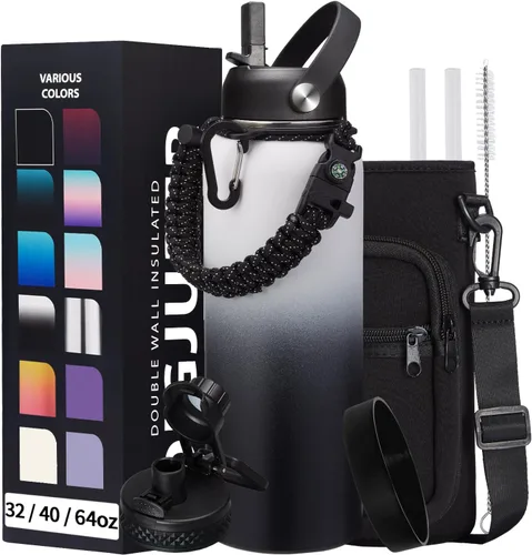 Vista 34 de Botella de agua aislada de 1 galón, con popote y tapa de pico automático, mango de paracord, funda para botella, botella de agua de acero inoxidable