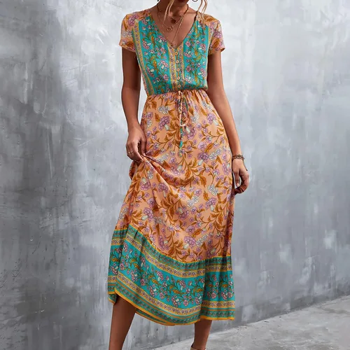 Vista 6 de Vestido largo casual de playa para mujer con cuello en V manga corta estilo floral