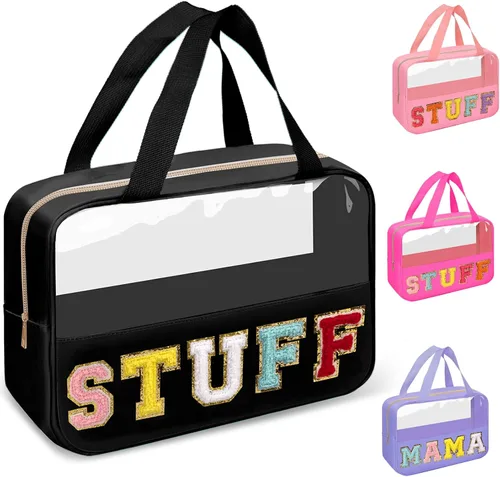 Vista 23 de izuzta Bolsas de maquillaje transparentes tipo tote con letras de chenilla, bolsa de maquillaje preppy con asa, Moda