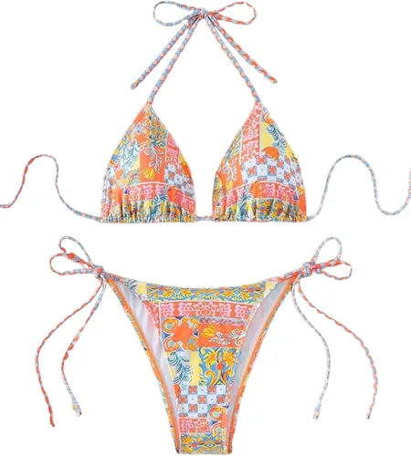 Vista 17 de ZAFUL Bikinis triangulares estampados para mujer, 2 piezas, bikini halter, traje de baño de corte alto, traje de baño con lazo lateral 0-negro a