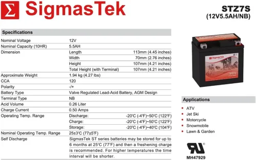 Vista 3 de SigmasTek STZ7S SLA AGM Batería de la motocicleta, 12V 5.5Ah 130CCA