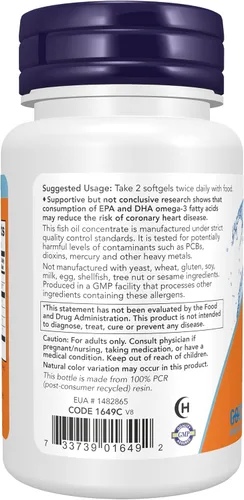 Vista 3 de NOW Foods Suplementos, Omega-3 180 EPA / 120 DHA, Destilado molecularmente, Apoyo cardiovascular*, 30 cápsulas blandas