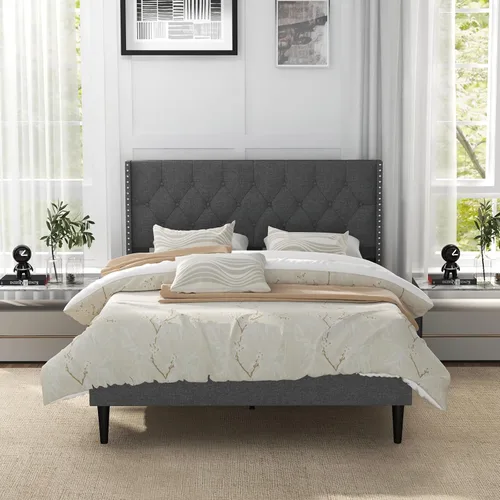 Vista 3 de Giantex Base de cama tapizada de tela de lino de tamaño matrimonial, marco de cama moderno con cabecera capitoné con botones, base de colchón