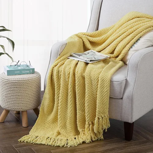 Vista 10 de Manta de punto suave con textura para sofá, manta de tweed crema con borlas de flecos para decoración del hogar, cama, sofá, silla, 50 x 60 Blanco
