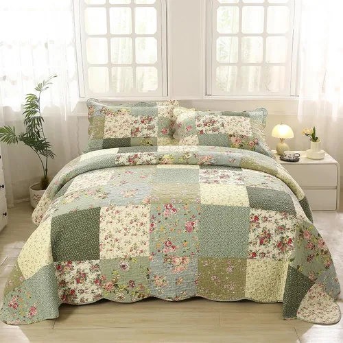 Vista 11 de vctops Juego de edredón acolchado de algodón navideño de 3 piezas (pájaros, Queen extragrande) Juego de ropa de cama de retazos con diseño