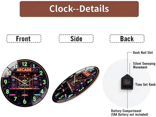 Vista 7 de 12-Inch Silent Tempered Glass Wall Clock, Retro Mini Arcade Clock Neon Art(1) ” Silent Non-Ticking Clock, Battery Operated