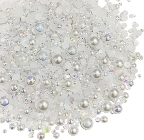 Vista 16 de Diamantes de imitación de resina mixta de 3.53 oz con parte trasera plana, perlas semicirculares, tamaños mixtos de 0.116 a 0.394 pulgadas