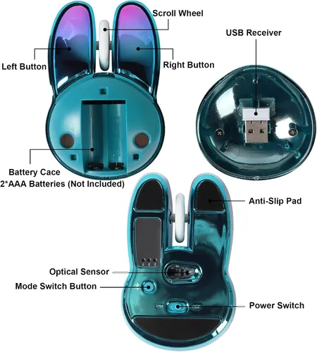 Vista 9 de Ratón inalámbrico Bluetooth lindo conejito de doble modo ratón portátil pequeño 2.4G ratón óptico con receptor USB silencioso azul Kawaii conejo