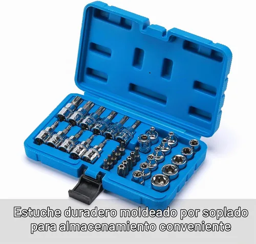 Vista 9 de CASOMAN 34 piezas de 3/8 pulgadas Torx Bit Socket y E-Torx (estrella) Juego de zócalos de acero CR-V y S2, E4-E20, T10-T60, a prueba