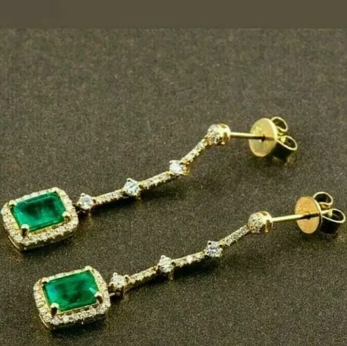Vista 3 de TISHYA JEWELLERS Pendientes colgantes vintage de esmeralda colombiana y diamante de 2,50 quilates, oro amarillo de 14 quilates