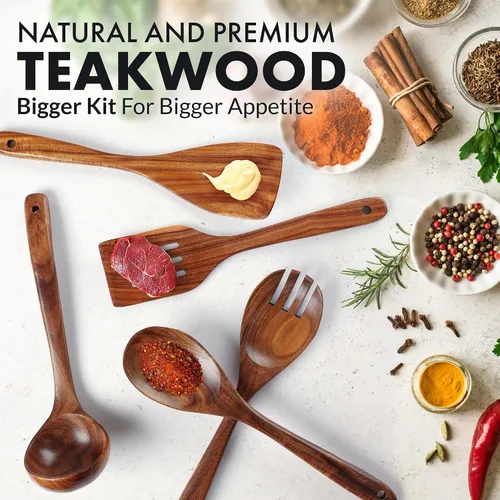 Vista 9 de Zulay Kitchen Juego de 5 cucharas de madera extragrandes - Utensilios de cocina de teca lisa - Cucharón, espátula, espumadera, tenedor, cuchara