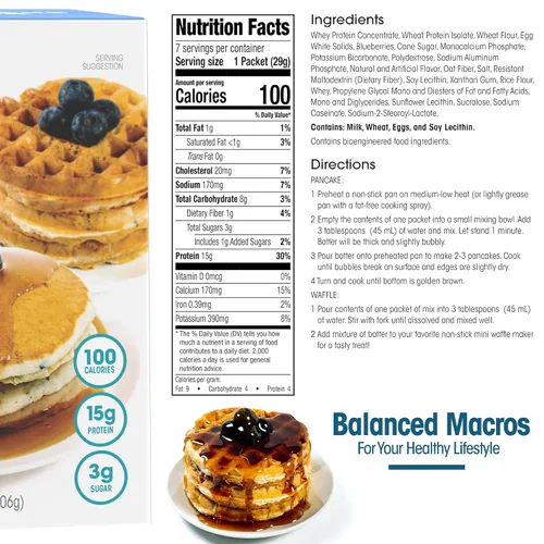 Vista 2 de Mezcla para panqueques y waffles de proteínas WonderSlim, sabor a arándano, baja en azúcar y calorías (7 unidades) High Protein Breakfast, 15g