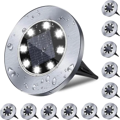 Vista 9 de Rayolon Luces Solares para Suelo, Paquete de 4, 8 LED Luces Solares Blancas para Sendero, Impermeables, Modernas, Exteriores, Empotradas en Suelo