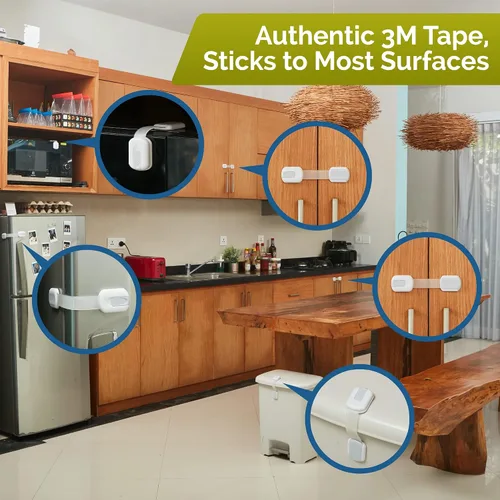 Vista 8 de Cerrojos de seguridad con correa para niños (paquete de 4) Cerraduras para bebés para gabinetes y cajones, inodoro, refrigerador y más. Almohadillas