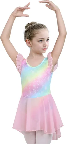 Vista 7 de iLover Vestido de leotardo clásico con tutú y mangas con volantes para niñas, para danza, gimnasia y ballet