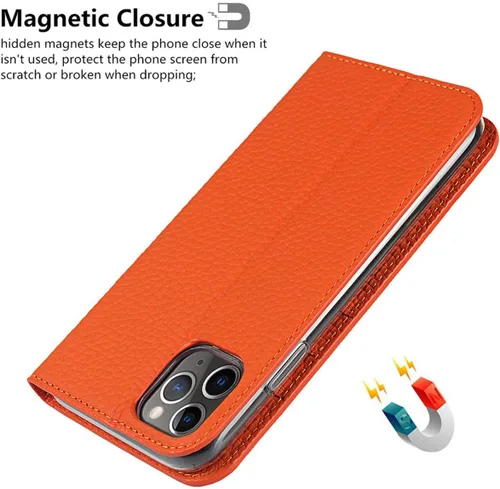 Vista 7 de iCoverCase Compatible con iPhone 11 Pro Max, funda magnética de piel auténtica con bloqueo RFID, correa para la muñeca y ranuras para tarjetas