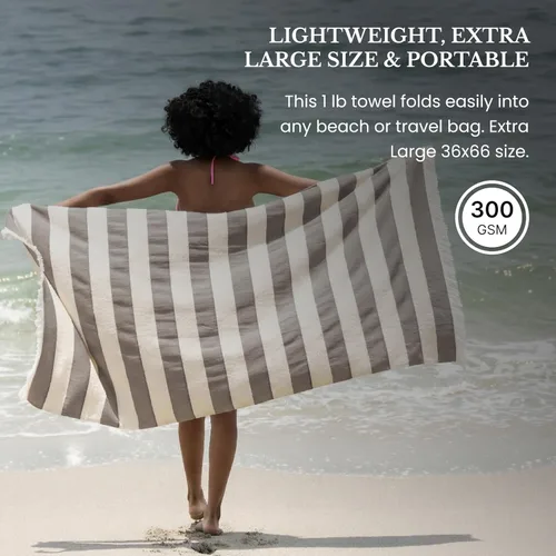 Vista 2 de Toalla de playa turca ligera, 100% algodón BCI, flecos crudos sin blanquear, certificado Oeko-TEX, absorbente, respetuosa con el medio ambiente, 36