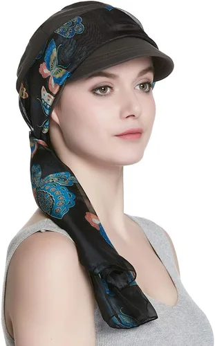 Vista 11 de Alnorm Juego de gorro y pañuelo de algodón transpirable para quimioterapia para mujeres Negro Rosado