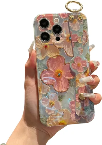 Vista 10 de Funda para iPhone 14 Pro Max con correa para la muñeca, función atril con purpurina de dibujos animados IMD de silicona TPU a prueba de golpes
