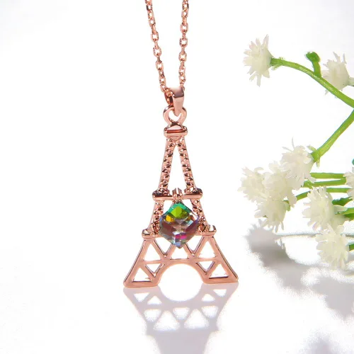 Vista 3 de Collar con colgante de torre Eiffel de París para mujer, chapado en oro rosaplatino