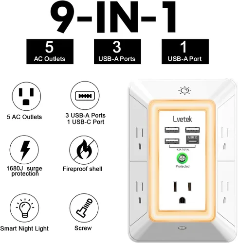 Vista 17 de Extensor de tomacorriente, protector de sobretensiones con 5 enchufes múltiples y 4 puertos USB (2 USB C), cargador de pared de regleta