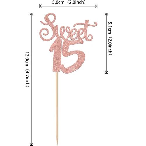 Vista 2 de 36 piezas de adornos para cupcakes con purpurina de 15 años de 15 años para cumpleaños, aniversario, fiesta, suministros de decoración de tartas
