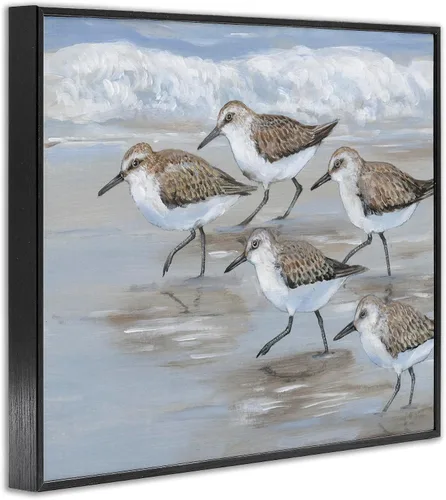 Vista 2 de Stupell Industries 'Sandpiper Bird Flock Marching Beach Coast Waves ', arte giclée enmarcado, negro, 14 x 11 pulgadas, fácil de colgar y resistente