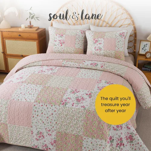 Vista 7 de Soul & Lane Blush Bloom - Juego de colcha de algodón, tamaño individual con 1 funda de almohada, colcha acolchada floral con diseño de parches