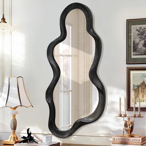 Vista 12 de Espejo asimétrico para decoración de pared, grande, moderno, ondulado, con marco de madera, espejo de pared con forma única montado en pared